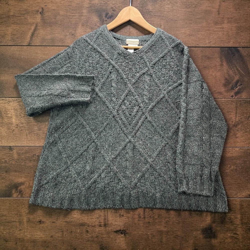 Vintage Cable Knit Diamond Aran Sweater Silk Mohair Charcoal Coldwater Creek XL